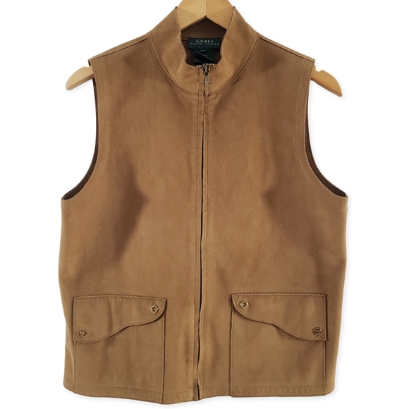 VGUC Lauren Ralph Lauren Faux Suede Leather Zip Equestrian Vest Jacket Sz MP - Picture 1 of 8